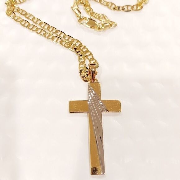 Men's 18k Gold Plated Chain w/Cross  pendant - Picture 1 of 4